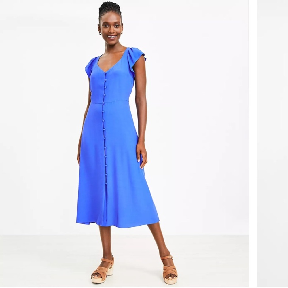 LOFT. Size 8 Cap sleeve Elegant Blue Button Down Women's MIDI Dress